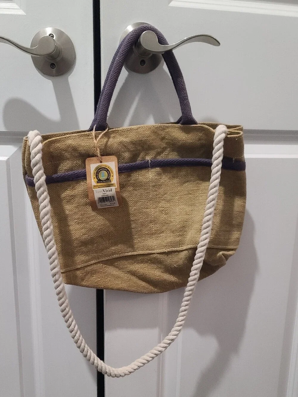 Love Vivid New With Tags Burlap Jute Natural Tote Bag